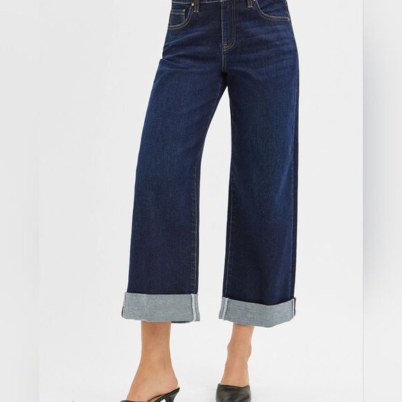 RISEN USA Mid Rise Fit Ankle Wide Leg Roll Up Women's Dark Blue Jeans sz 3 - Picture 4 of 8